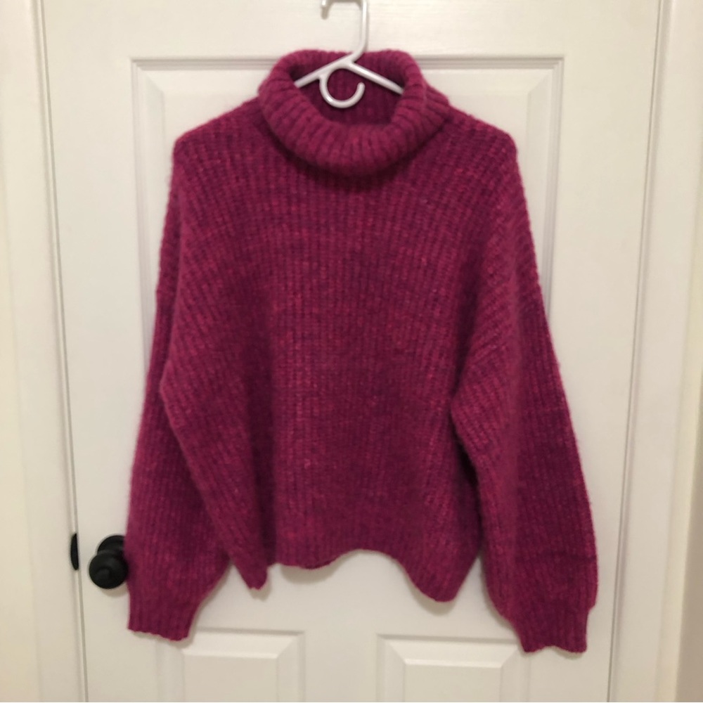 Old Navy Womens Hot Pink Turtleneck Sweater Heathered Shaker Stitch